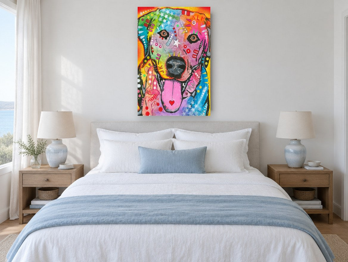 Rainbow Pop Labrador animal canvas print on the wall of a bedroom