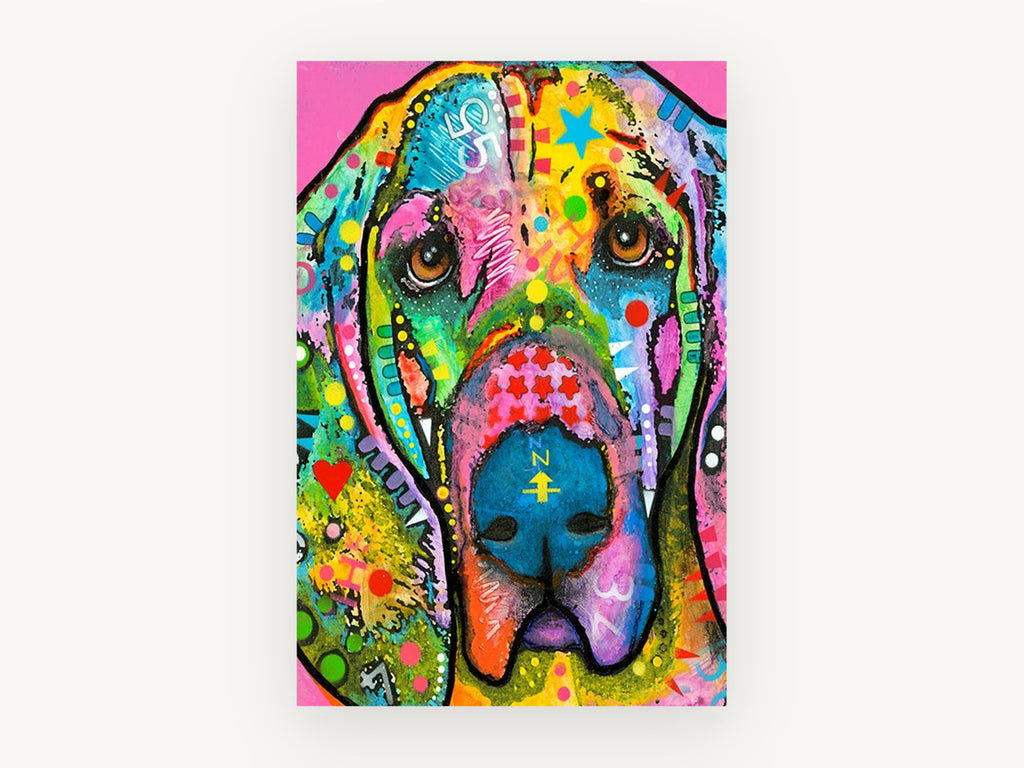 Pink Bloodhound Pop Portrait, colourful bloodhound pop art portrait, animal canvas wall art print, front view