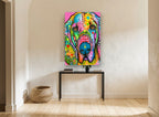 Pink Bloodhound Pop Portrait animal canvas print on the wall of a hallway