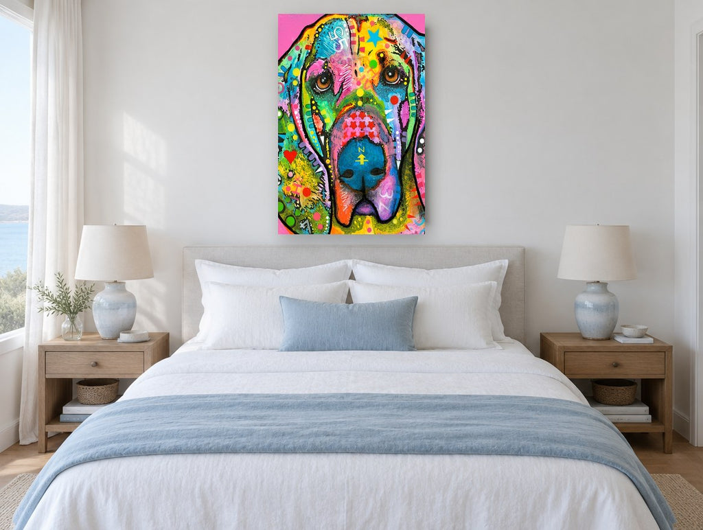 Pink Bloodhound Pop Portrait animal canvas print on the wall of a bedroom