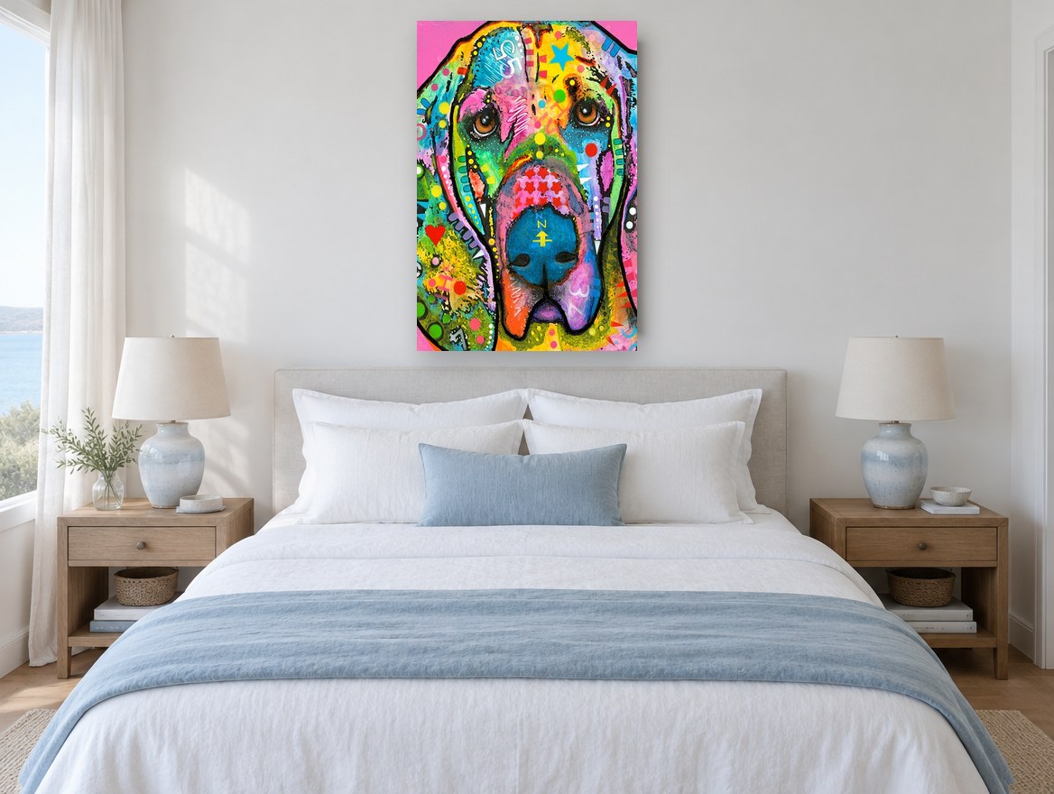 Pink Bloodhound Pop Portrait animal canvas print on the wall of a bedroom