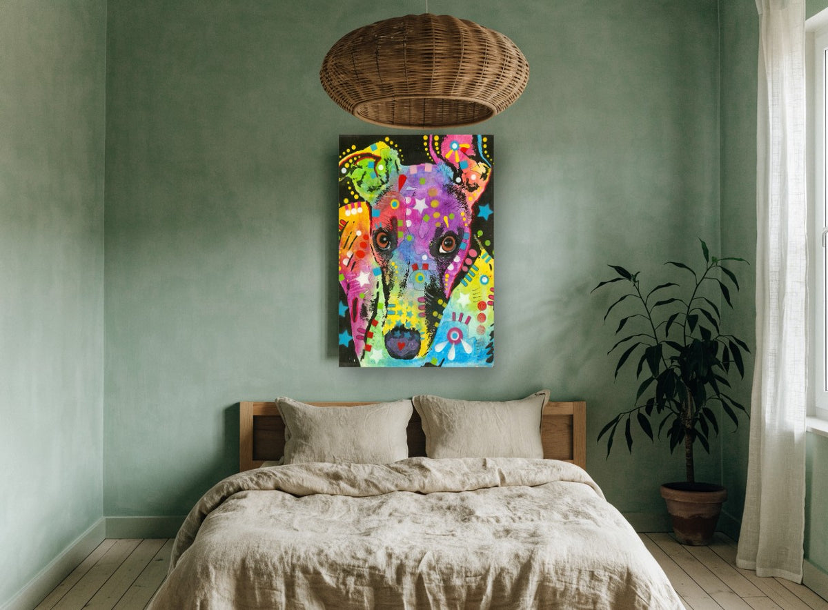 Rainbow Greyhound Portrait animal canvas print on the wall of a bedroom