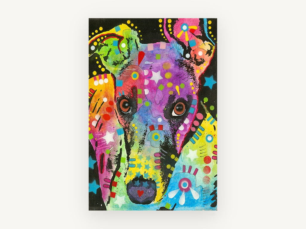 Rainbow Greyhound Portrait, colourful pop art greyhound portrait, animal canvas wall art print, front view