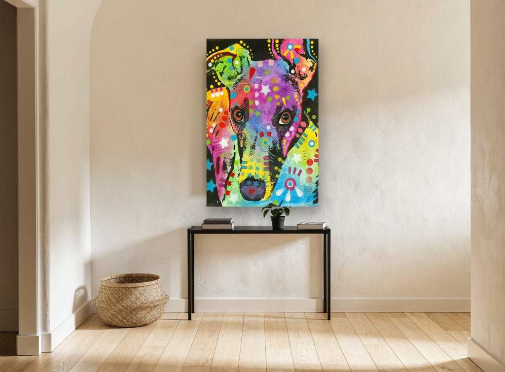 Rainbow Greyhound Portrait animal canvas print on the wall of a hallway
