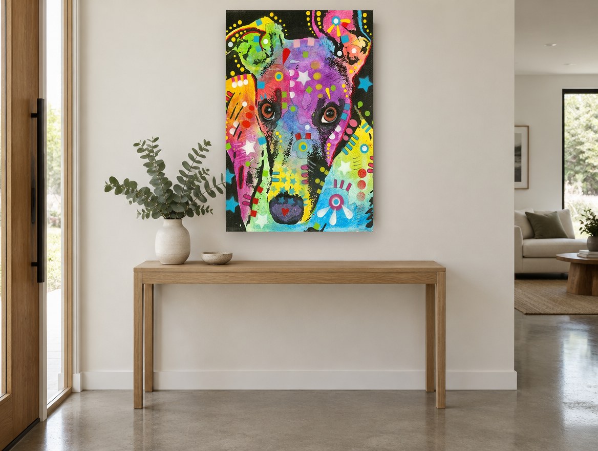 Rainbow Greyhound Portrait animal canvas print on the wall of a entry hall