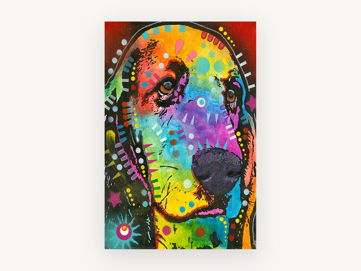 Rainbow Basset Hound, colourful basset hound pop art, animal canvas wall art print, front view