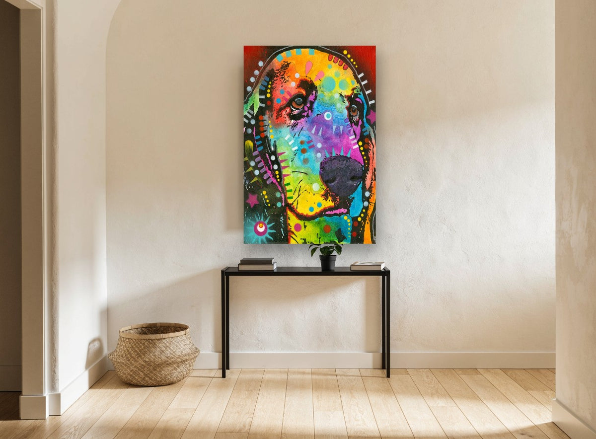 Rainbow Basset Hound animal canvas print on the wall of a hallway