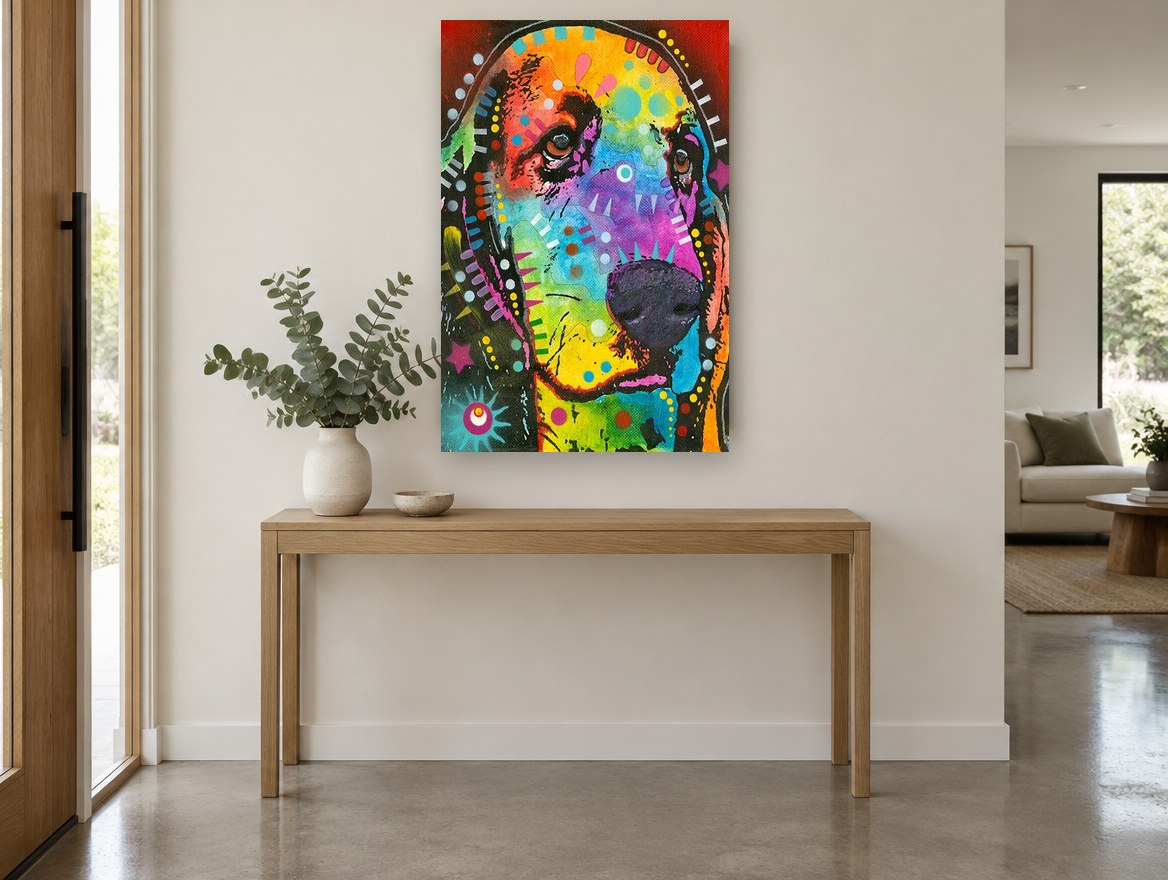 Rainbow Basset Hound animal canvas print on the wall of a entry hall