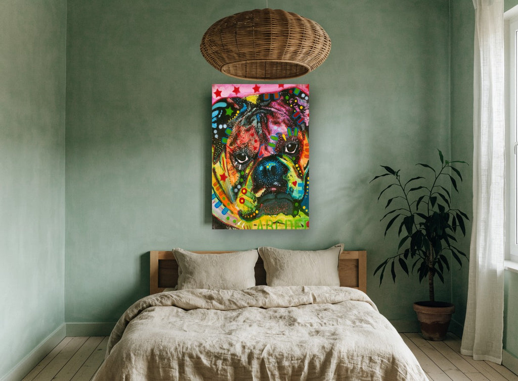 Pop Bulldog Close-Up animal canvas print on the wall of a bedroom