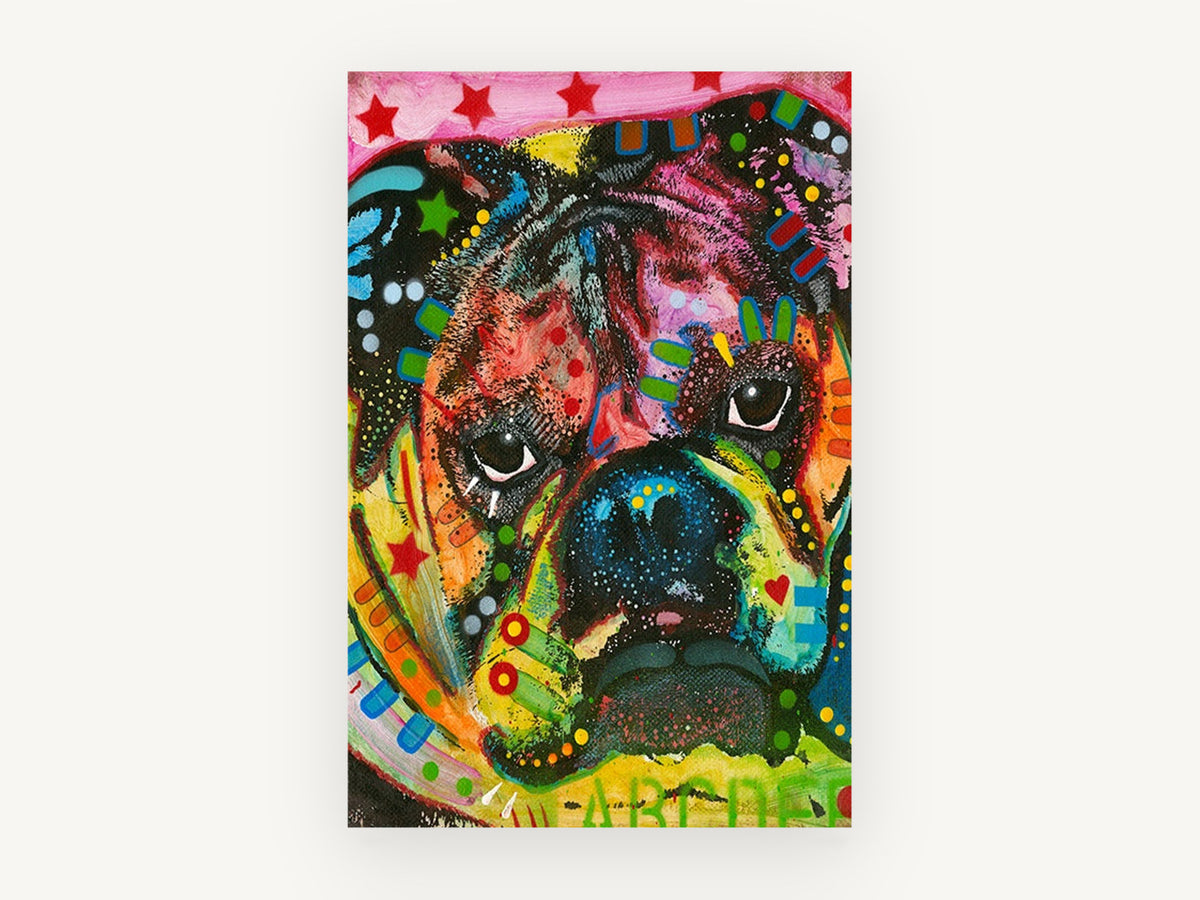 Pop Bulldog Close-Up, colourful pop art bulldog portrait, animal canvas wall art print, front view
