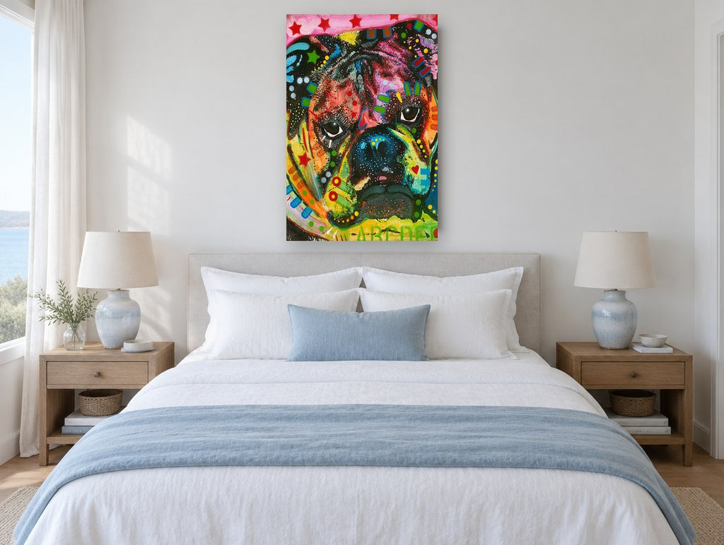 Pop Bulldog Close-Up animal canvas print on the wall of a bedroom