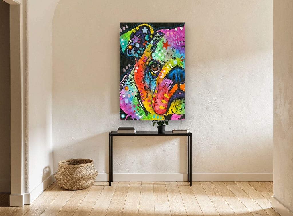 Rainbow Bulldog Stare animal canvas print on the wall of a hallway