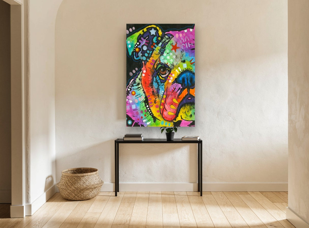 Rainbow Bulldog Stare animal canvas print on the wall of a hallway