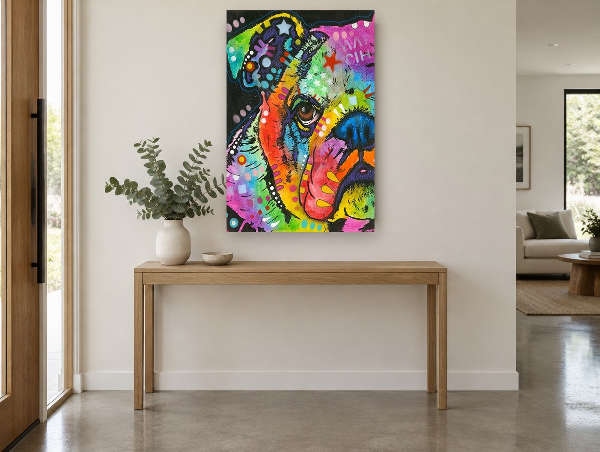 Rainbow Bulldog Stare animal canvas print on the wall of a entry hall