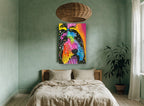 Rainbow Shaggy Dog animal canvas print on the wall of a bedroom