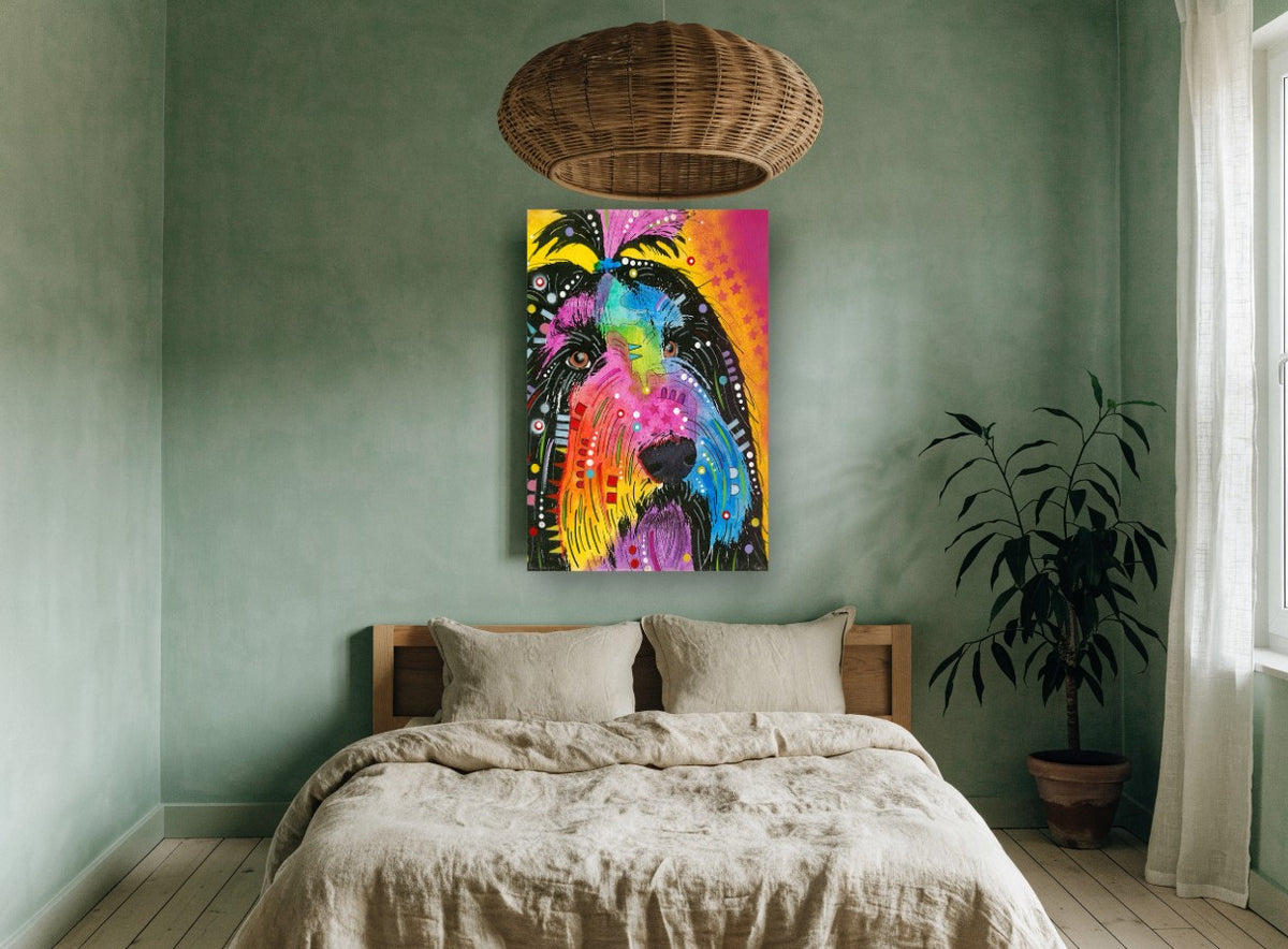 Rainbow Shaggy Dog animal canvas print on the wall of a bedroom