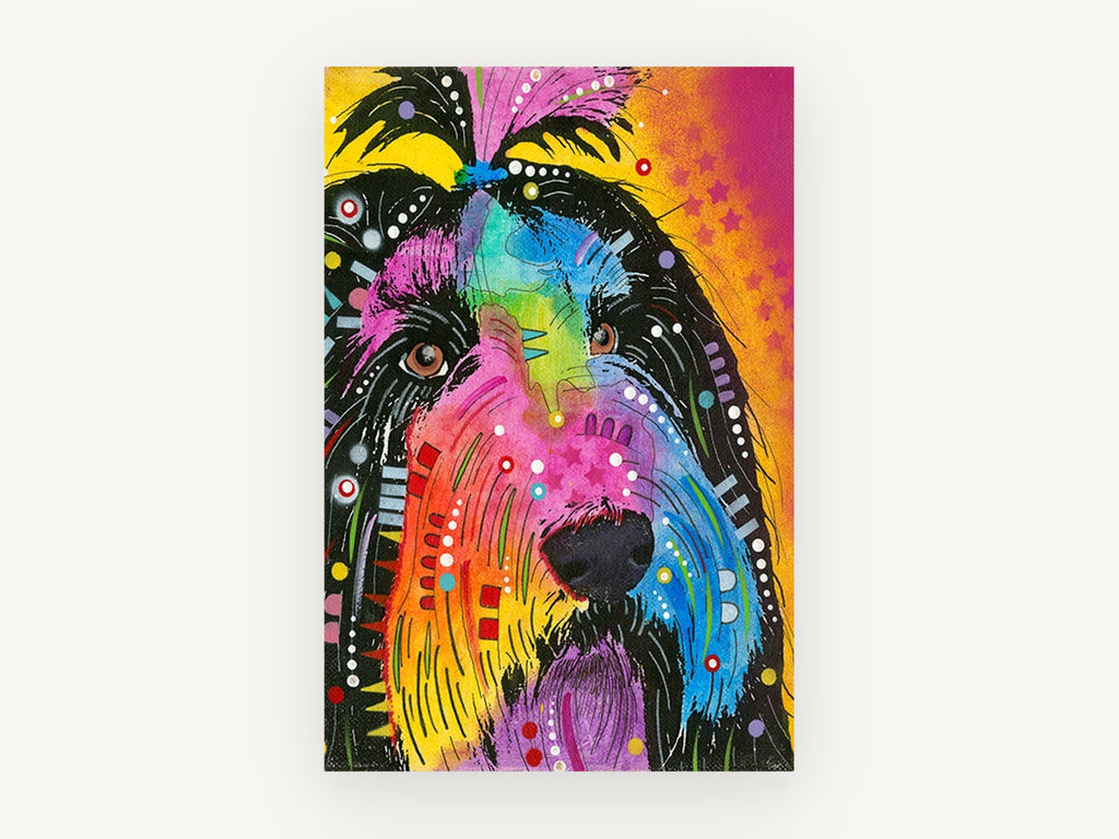 Rainbow Shaggy Dog, colourful pop art dog portrait, animal canvas wall art print, front view