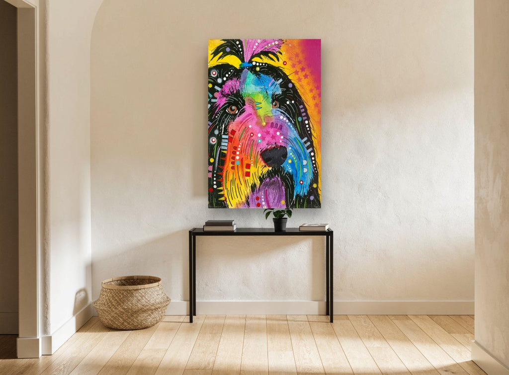 Rainbow Shaggy Dog animal canvas print on the wall of a hallway