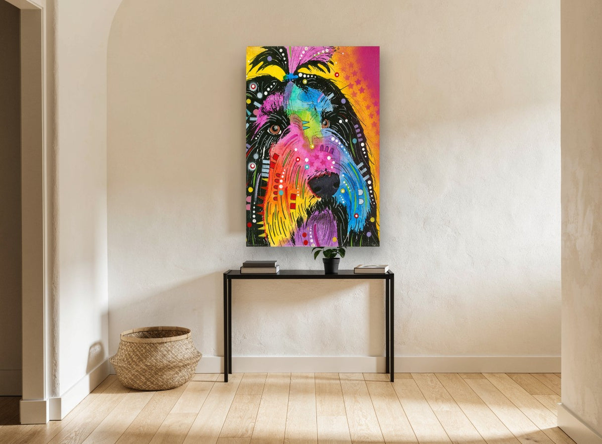 Rainbow Shaggy Dog animal canvas print on the wall of a hallway