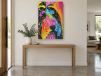Rainbow Shaggy Dog animal canvas print on the wall of a entry hall