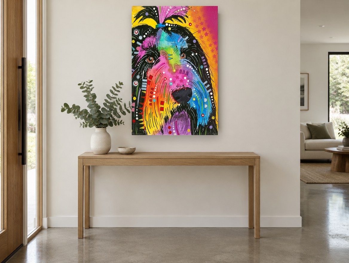 Rainbow Shaggy Dog animal canvas print on the wall of a entry hall