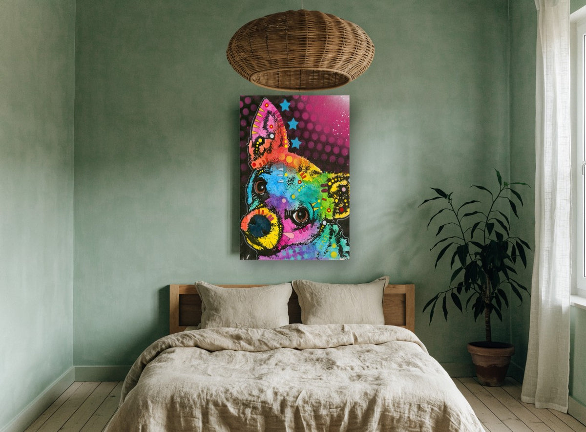 Curious Rainbow Chihuahua animal canvas print on the wall of a bedroom