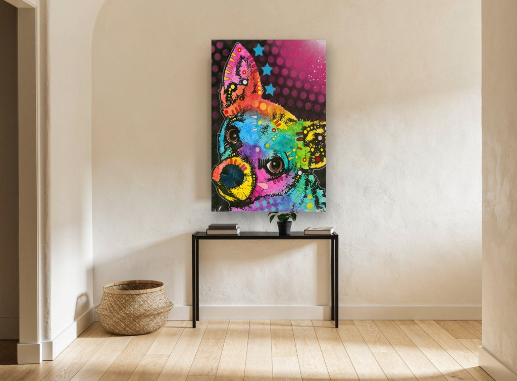 Curious Rainbow Chihuahua animal canvas print on the wall of a hallway