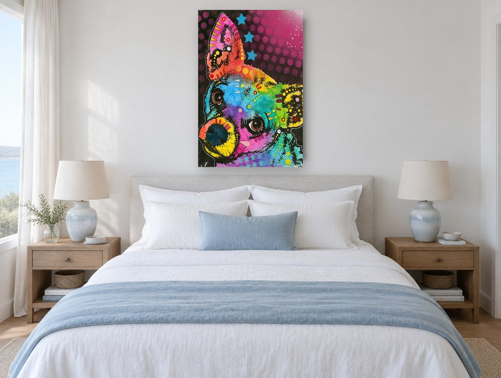 Curious Rainbow Chihuahua animal canvas print on the wall of a bedroom