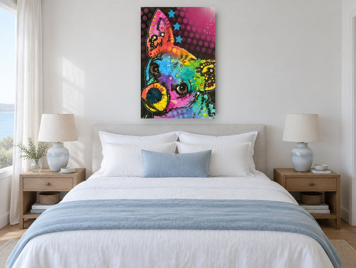 Curious Rainbow Chihuahua animal canvas print on the wall of a bedroom