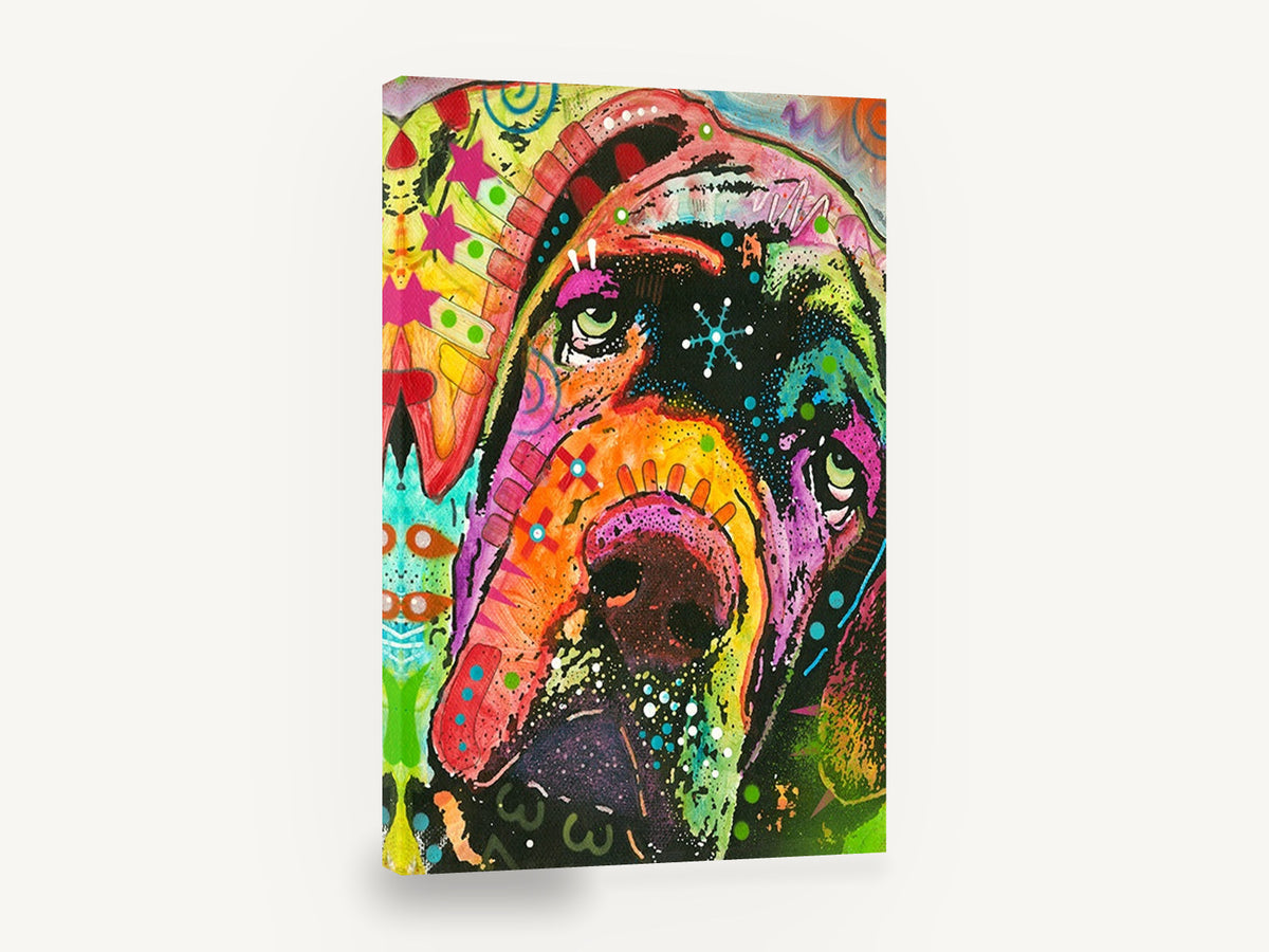Neon Droopy Hound, colourful pop art dog portrait, animal canvas wall art print ready to hang
