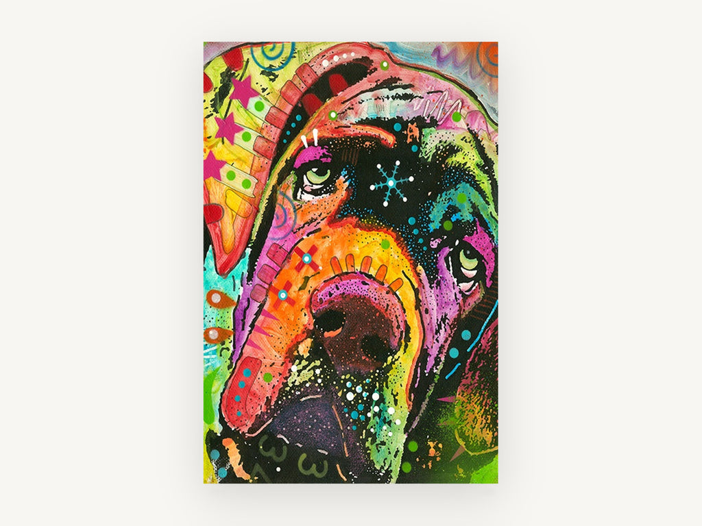 Neon Droopy Hound, colourful pop art dog portrait, animal canvas wall art print, front view