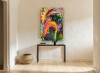 Neon Droopy Hound animal canvas print on the wall of a hallway