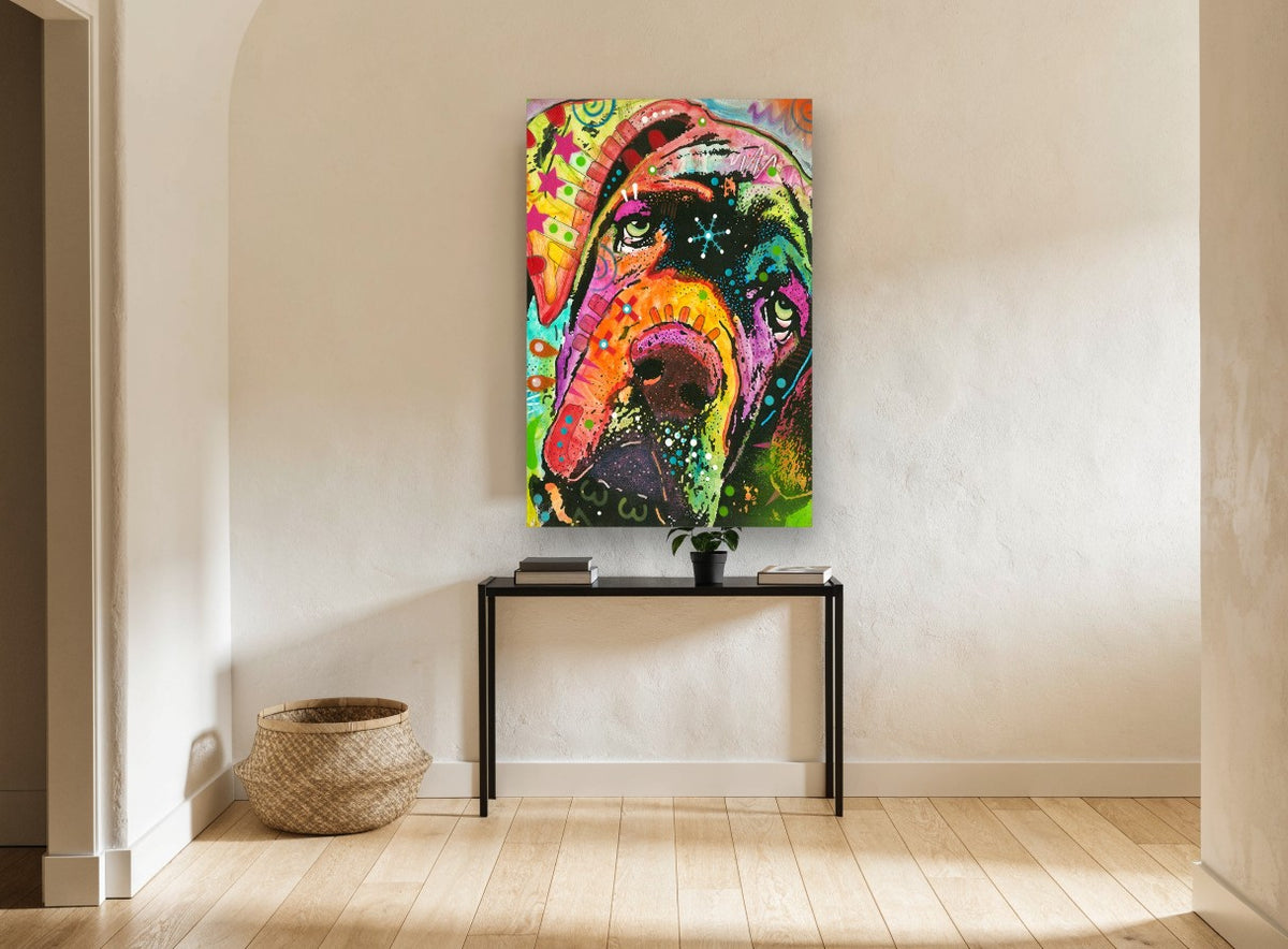 Neon Droopy Hound animal canvas print on the wall of a hallway
