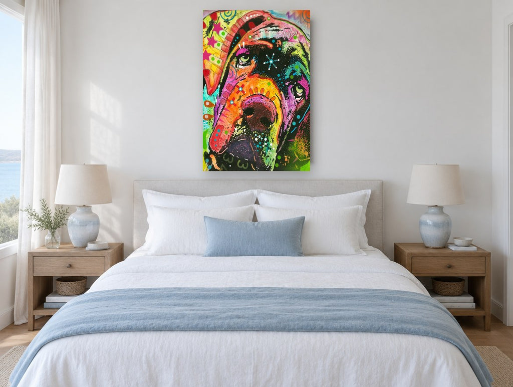 Neon Droopy Hound animal canvas print on the wall of a bedroom