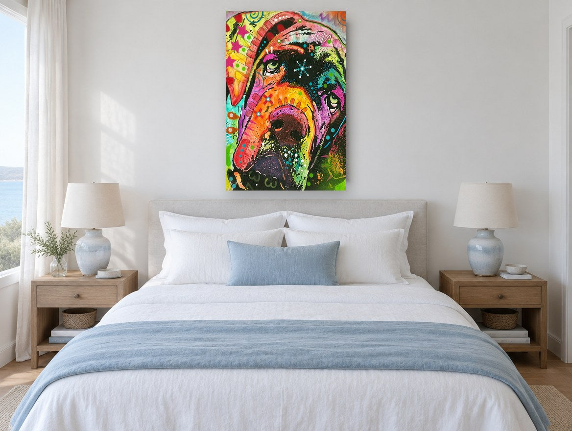 Neon Droopy Hound animal canvas print on the wall of a bedroom