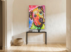 Curious Tilt Pop Dog animal canvas print on the wall of a hallway