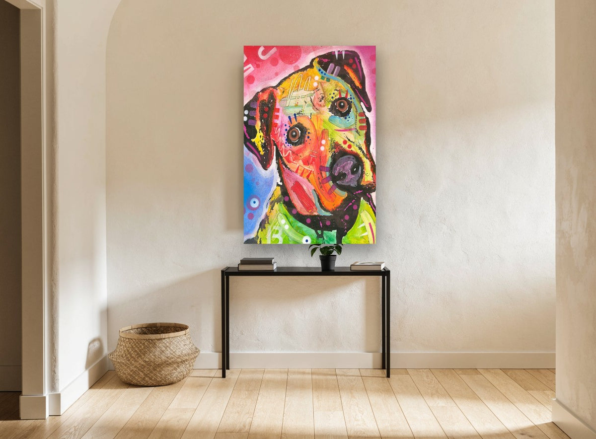 Curious Tilt Pop Dog animal canvas print on the wall of a hallway