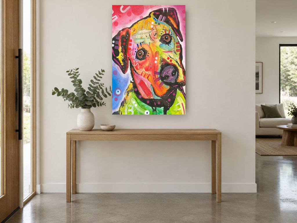 Curious Tilt Pop Dog animal canvas print on the wall of a entry hall