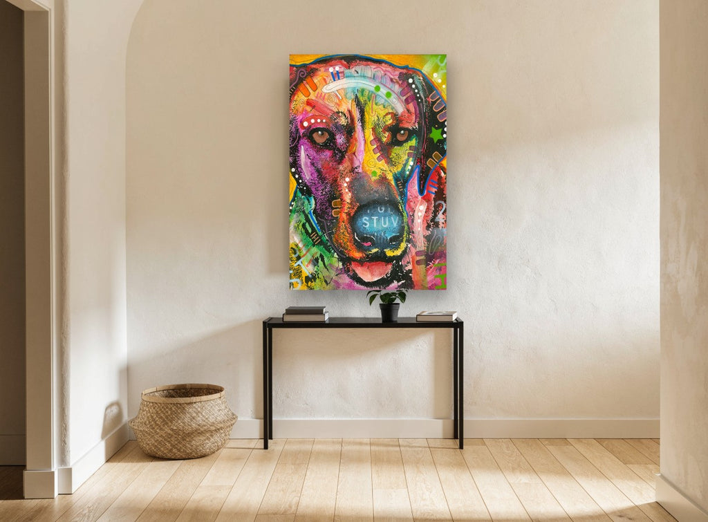 Rainbow Hound Close-Up animal canvas print on the wall of a hallway