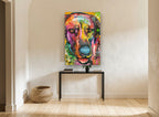 Rainbow Hound Close-Up animal canvas print on the wall of a hallway