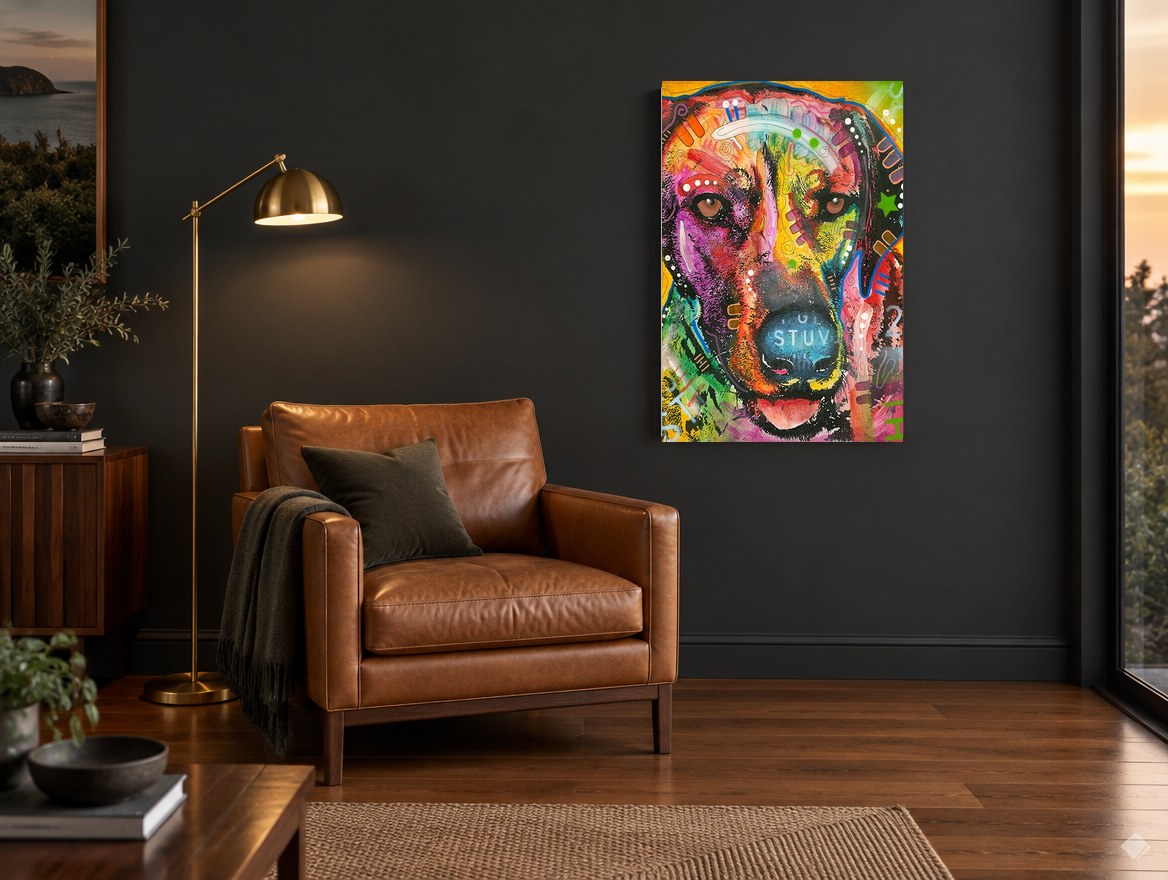 Rainbow Hound Close-Up animal canvas print on the wall of a charcoal living room