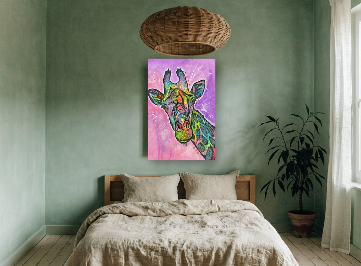 Rainbow Giraffe Pop animal canvas print on the wall of a bedroom
