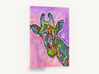 Rainbow Giraffe Pop, colourful pop art giraffe portrait, animal canvas wall art print ready to hang