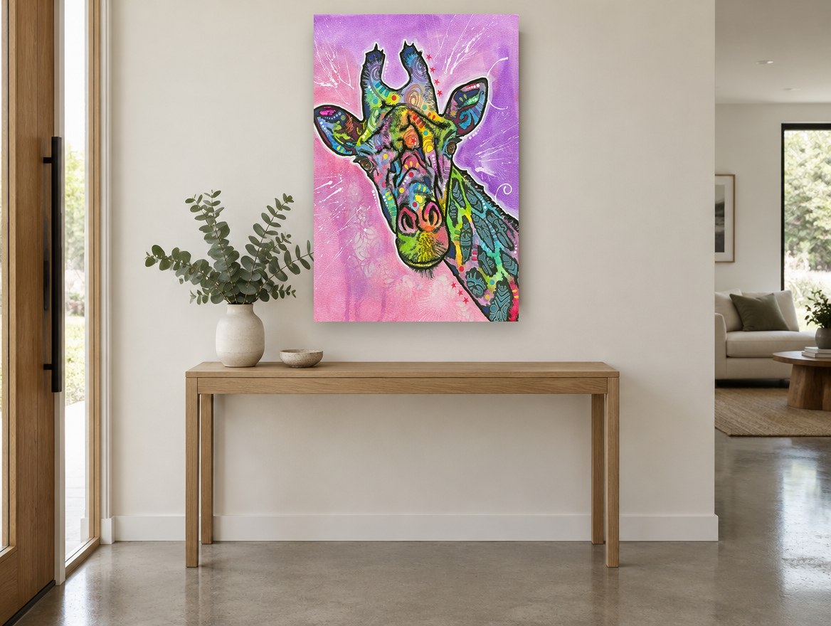 Rainbow Giraffe Pop animal canvas print on the wall of a entry hall