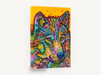 Technicolour Wolf Gaze, colourful pop art wolf portrait, animal canvas wall art print ready to hang