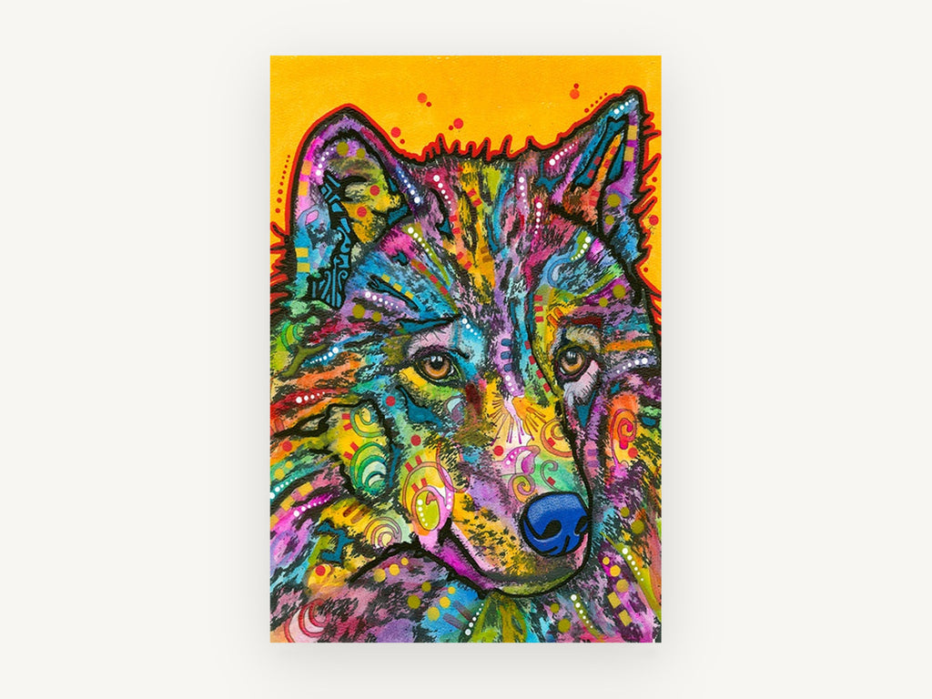 Technicolour Wolf Gaze, colourful pop art wolf portrait, animal canvas wall art print, front view
