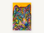Technicolour Wolf Gaze, colourful pop art wolf portrait, animal canvas wall art print, front view