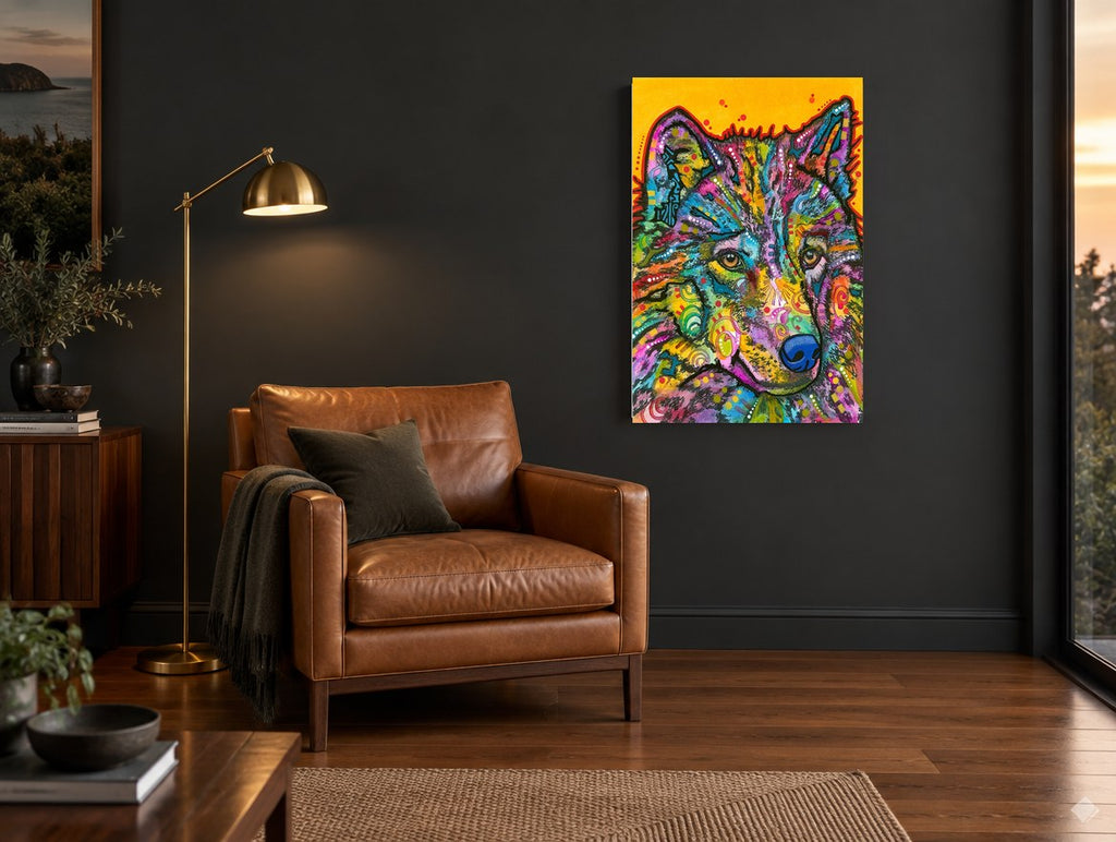 Technicolour Wolf Gaze animal canvas print on the wall of a charcoal living room