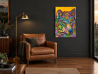 Technicolour Wolf Gaze animal canvas print on the wall of a charcoal living room