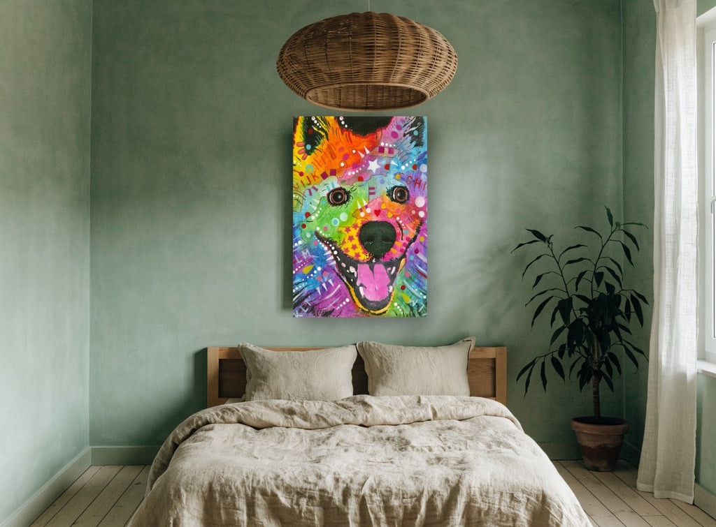 Rainbow Smiling Samoyed animal canvas print on the wall of a bedroom